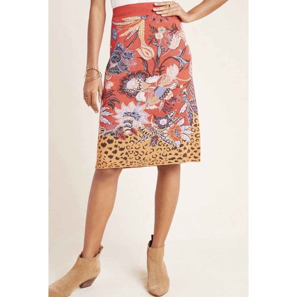 Anthropologie Maeve Women's Delphinia Skirt XS Floral Leopard Pencil Knit Red